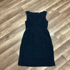 J Crew Women’s Knee Length Floral Eyelet Sleevless Dress Navy Blue Size 0